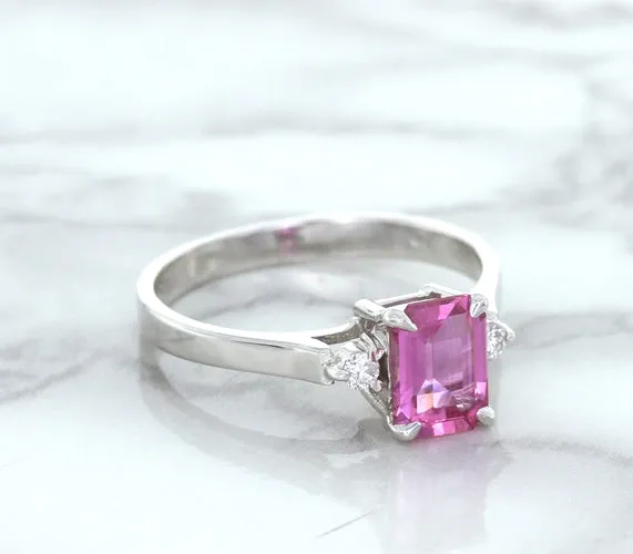 1.21ct Emerald Pink Sapphire Ring with Diamond Accents in 18K White Gold