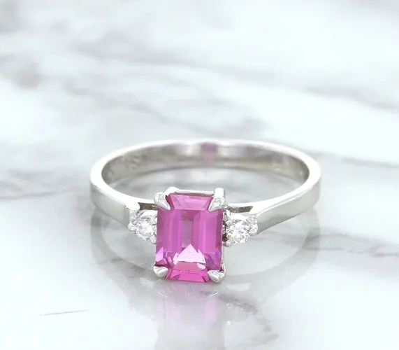 1.21ct Emerald Pink Sapphire Ring with Diamond Accents in 18K White Gold