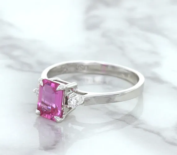 1.21ct Emerald Pink Sapphire Ring with Diamond Accents in 18K White Gold
