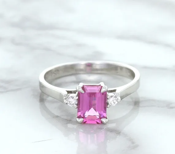 1.21ct Emerald Pink Sapphire Ring with Diamond Accents in 18K White Gold
