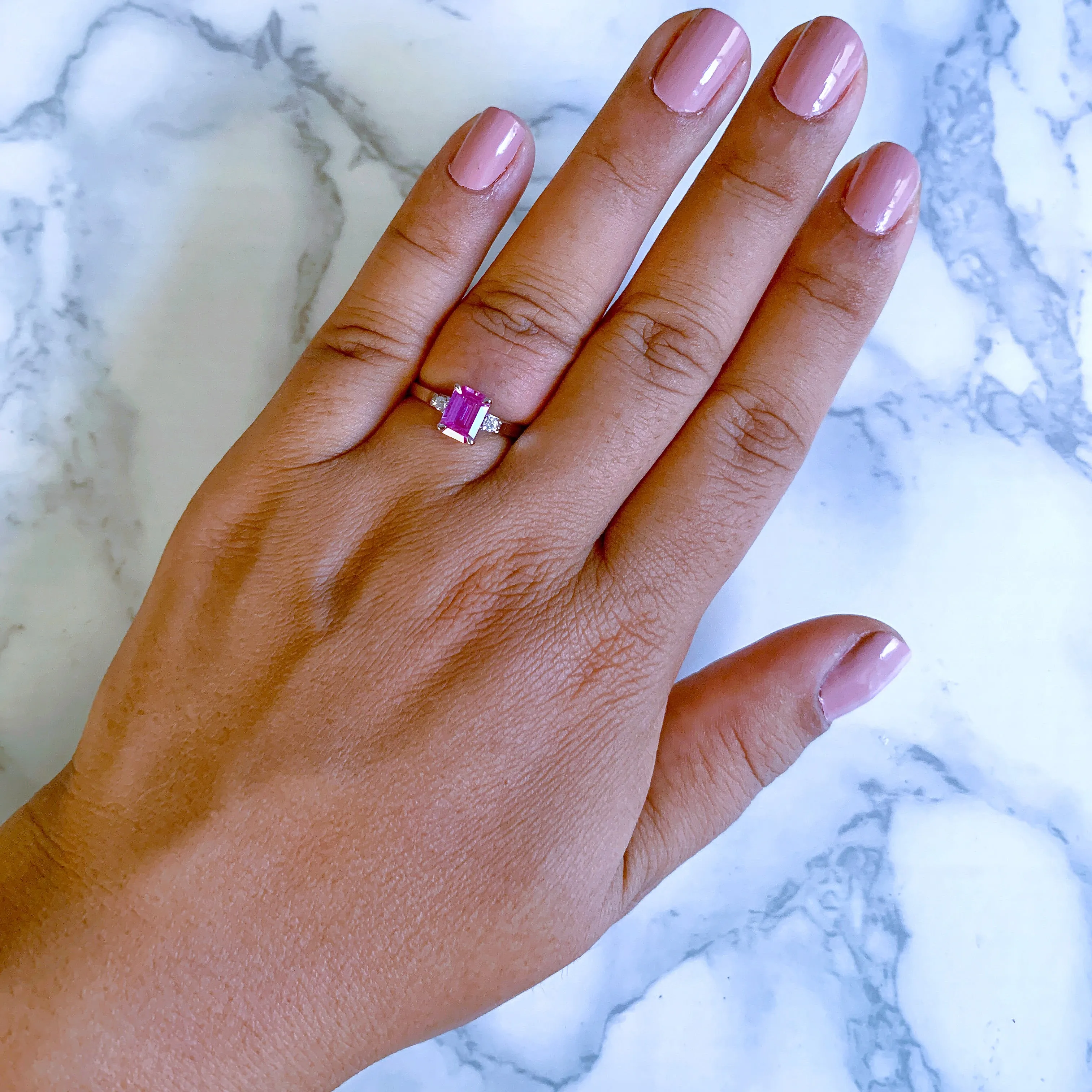 1.21ct Emerald Pink Sapphire Ring with Diamond Accents in 18K White Gold