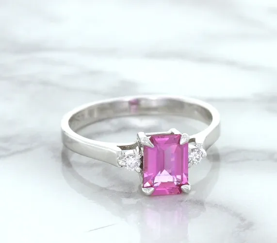 1.21ct Emerald Pink Sapphire Ring with Diamond Accents in 18K White Gold