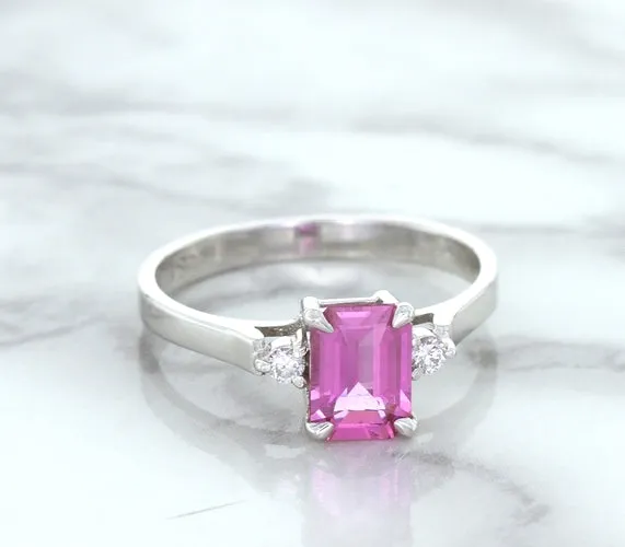 1.21ct Emerald Pink Sapphire Ring with Diamond Accents in 18K White Gold