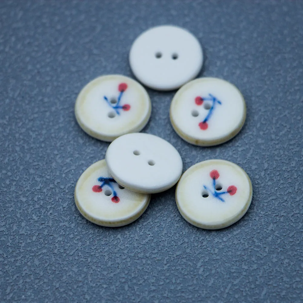 16mm Hand-Painted Ceramic Buttons with Cherry Pattern Brown Border 4PCS