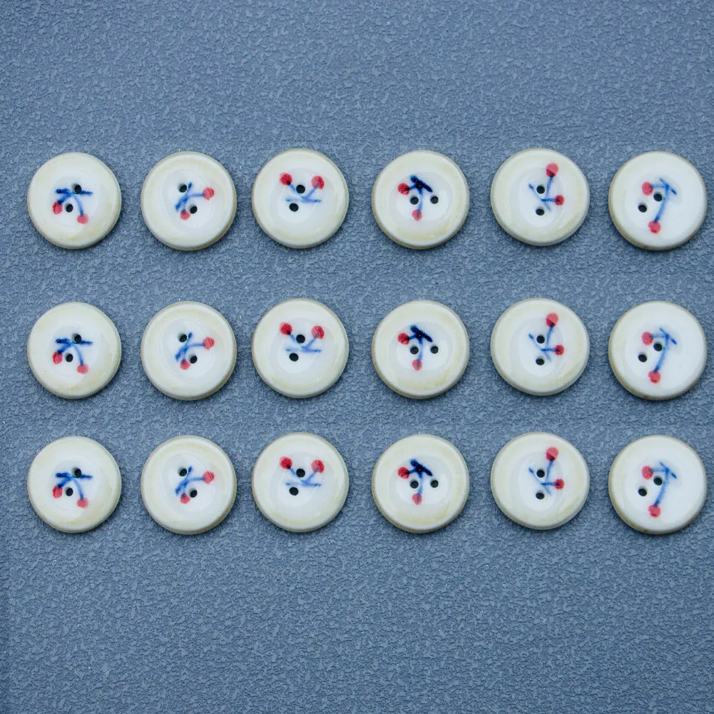 16mm Hand-Painted Ceramic Buttons with Cherry Pattern Brown Border 4PCS