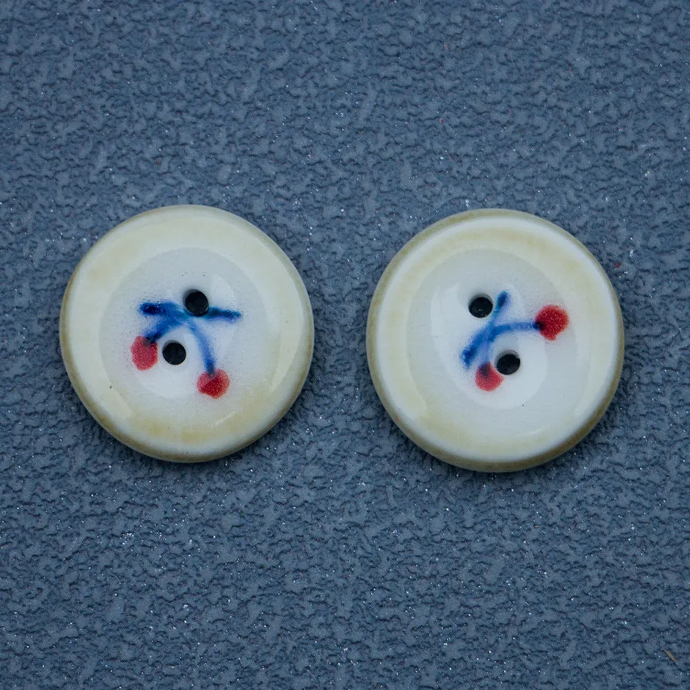 16mm Hand-Painted Ceramic Buttons with Cherry Pattern Brown Border 4PCS