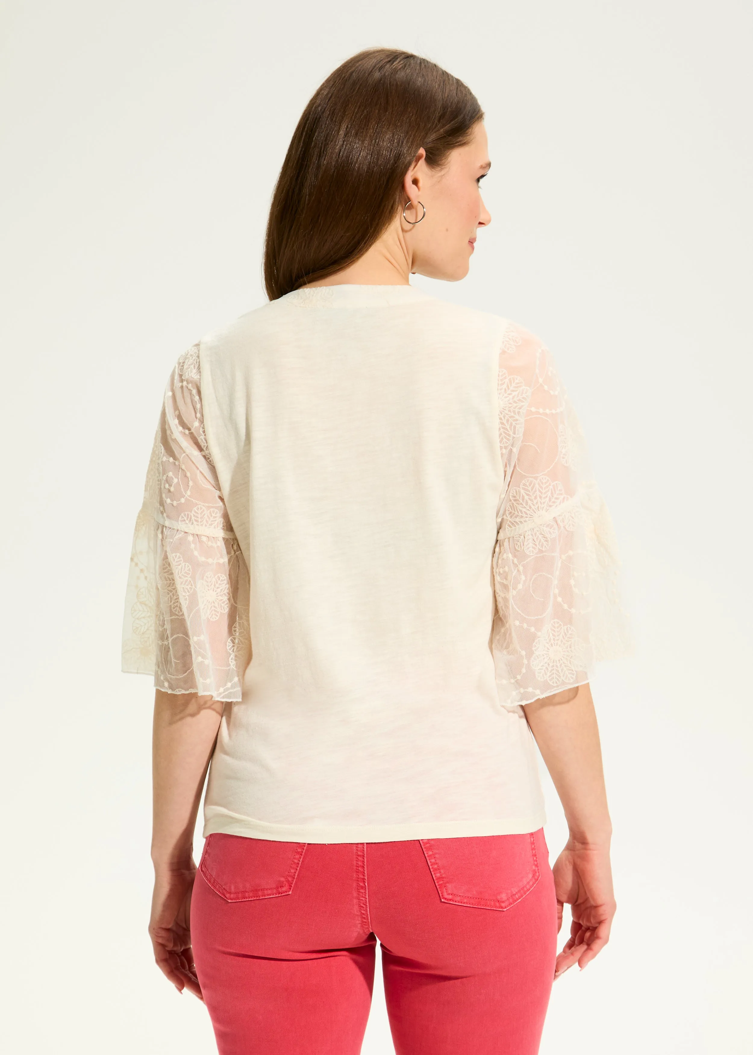 3/4 Mesh Bell-Sleeve Top, Ivory