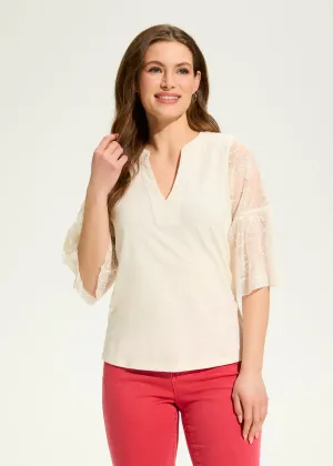 3/4 Mesh Bell-Sleeve Top, Ivory