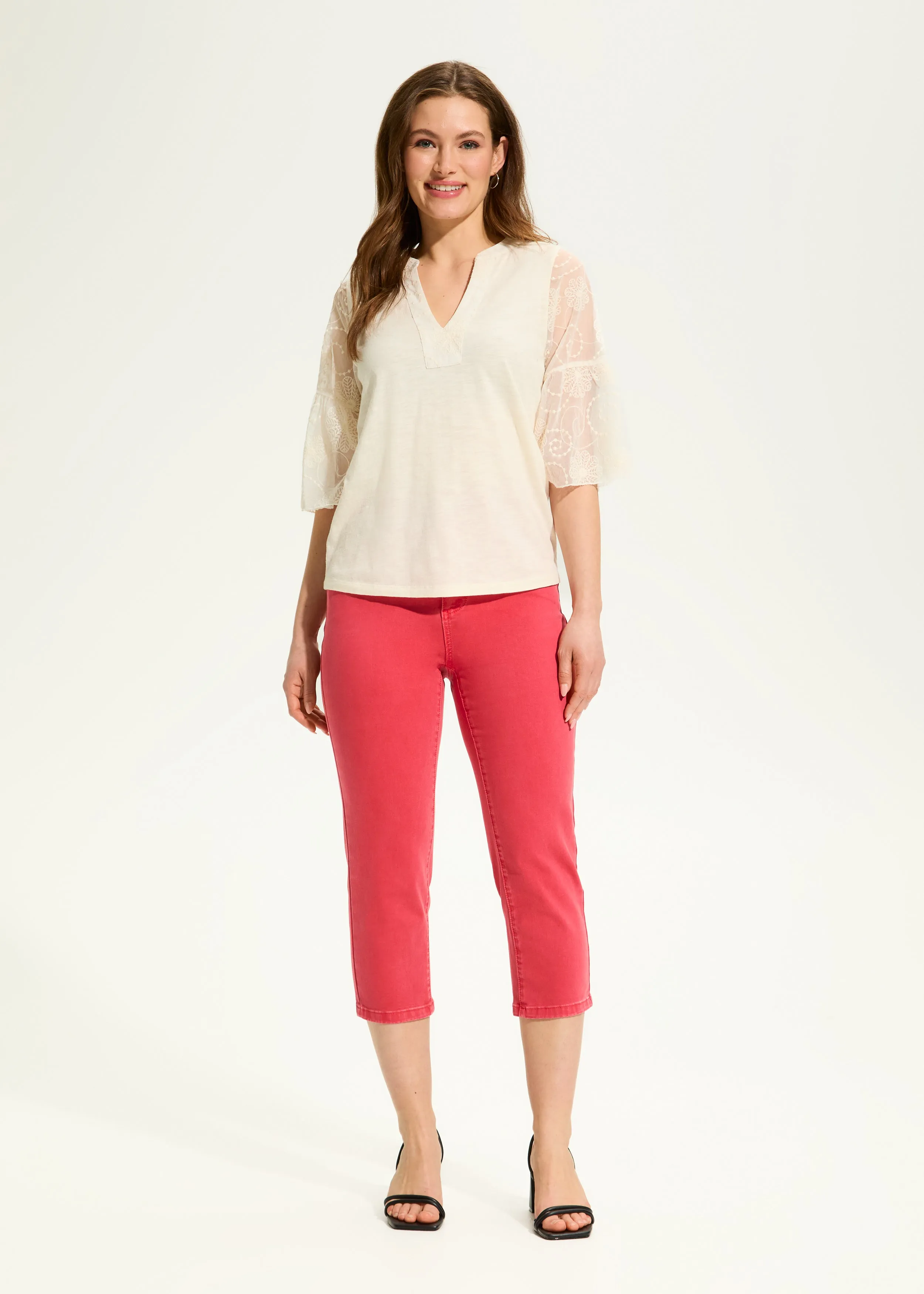 3/4 Mesh Bell-Sleeve Top, Ivory