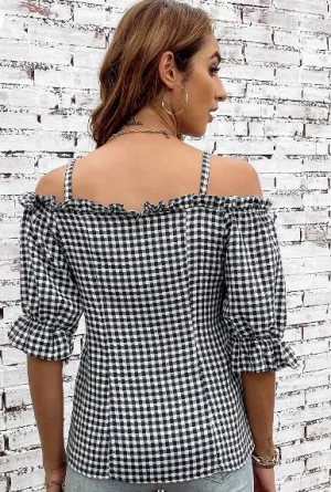 Adora Sweetheart Gingham Button Down Off Shouler Blouse