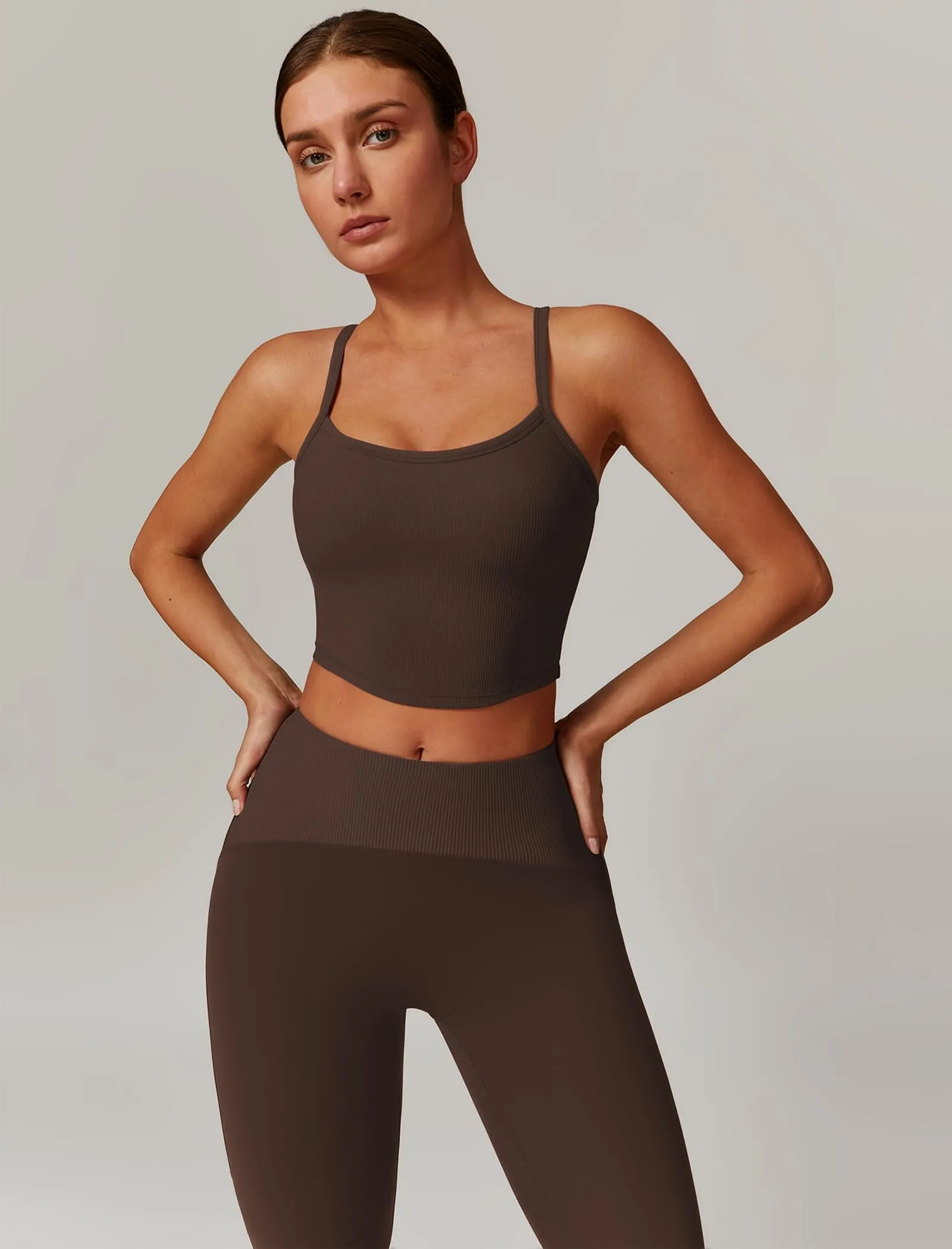 AGYMNX Workout Sets for Women 2 Piece High Waisted Seamless Butt Lifting Leggings Gym Yoga Outfit Stretchy Sports Bra Sets Coffee