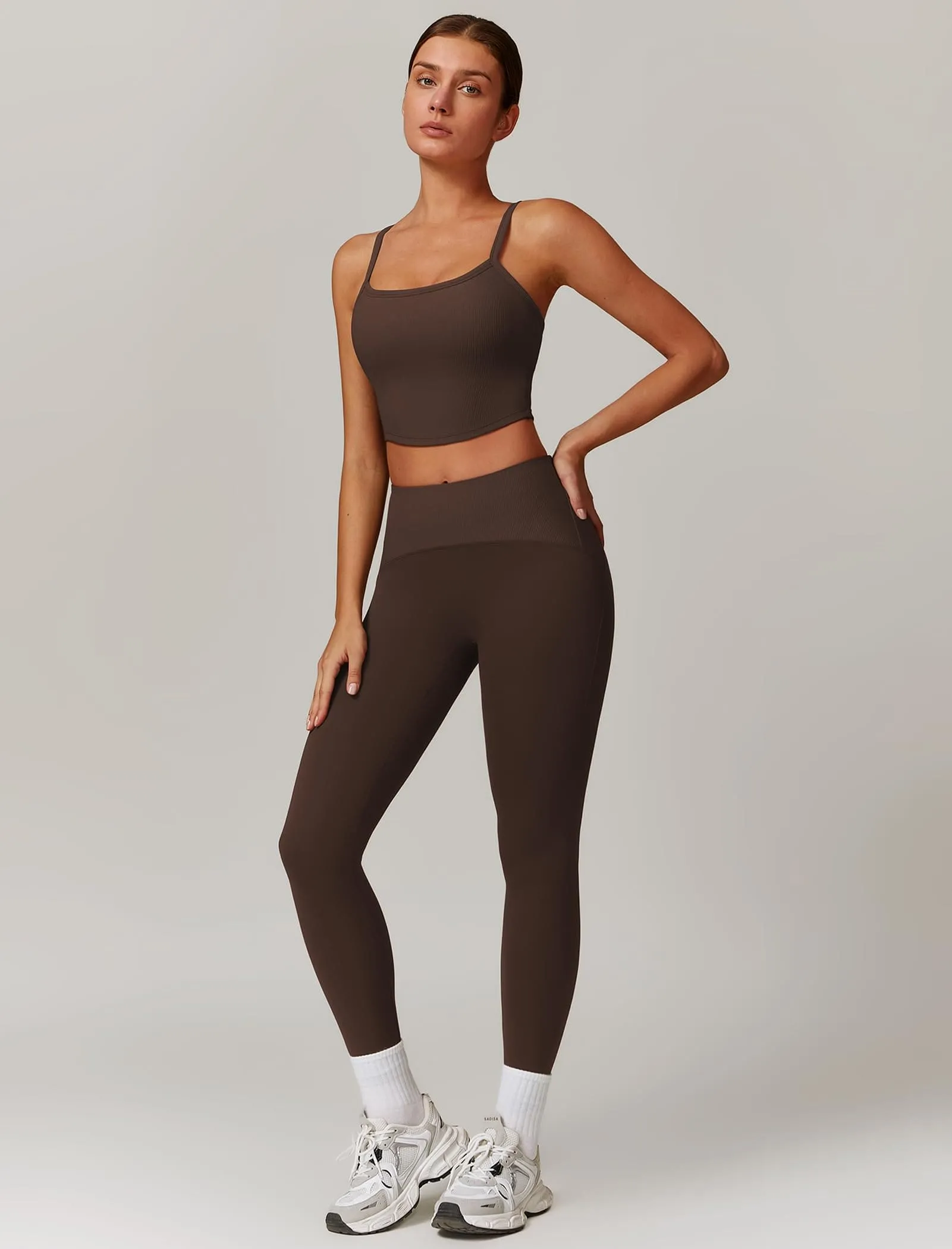 AGYMNX Workout Sets for Women 2 Piece High Waisted Seamless Butt Lifting Leggings Gym Yoga Outfit Stretchy Sports Bra Sets Coffee