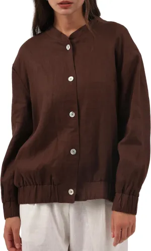 Amazhiyu Womens Linen Button Down Bomber Jacket