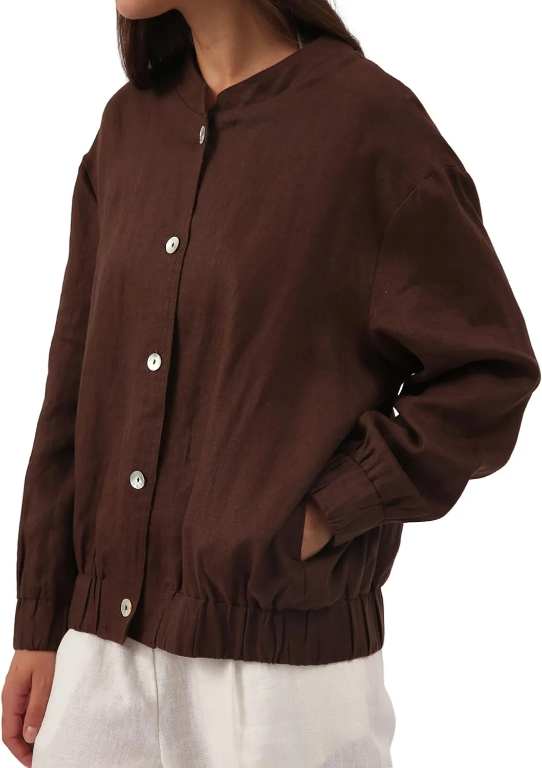 Amazhiyu Womens Linen Button Down Bomber Jacket