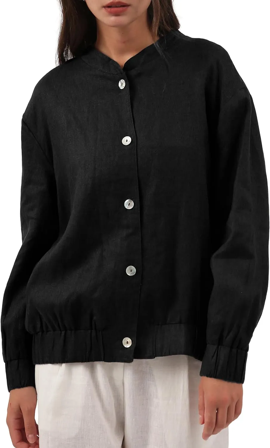 Amazhiyu Womens Linen Button Down Bomber Jacket