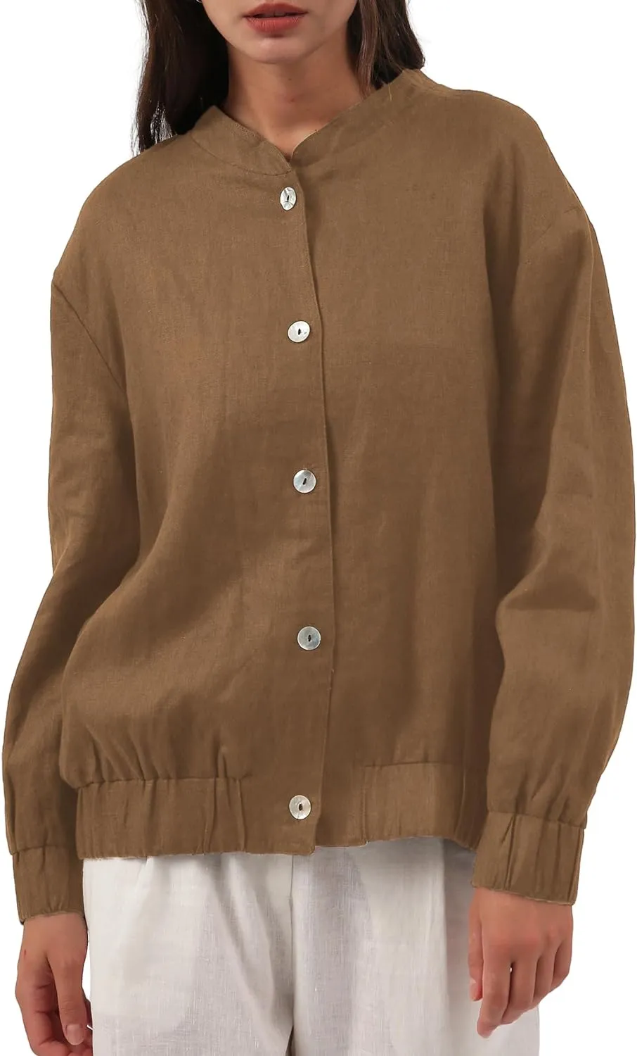 Amazhiyu Womens Linen Button Down Bomber Jacket