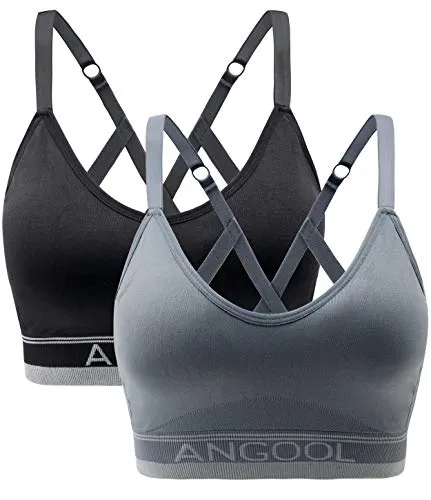 ANGOOL Women's Strappy Sports Bra with Adjustable Straps - Medium Support Longline Wirefree Activewear Bra,2 Pack,Black Grey,Medium
