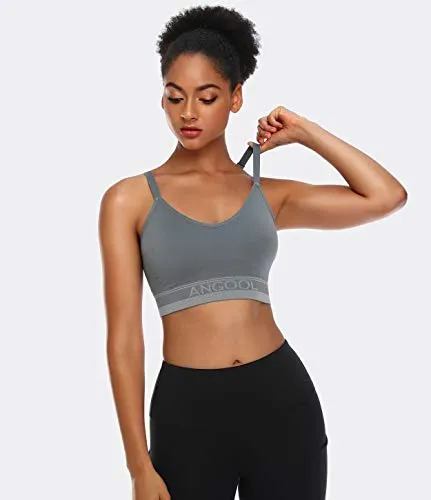 ANGOOL Women's Strappy Sports Bra with Adjustable Straps - Medium Support Longline Wirefree Activewear Bra,2 Pack,Black Grey,Medium