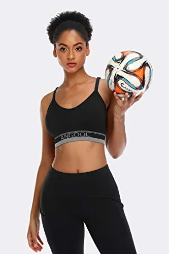 ANGOOL Women's Strappy Sports Bra with Adjustable Straps - Medium Support Longline Wirefree Activewear Bra,2 Pack,Black Grey,Medium