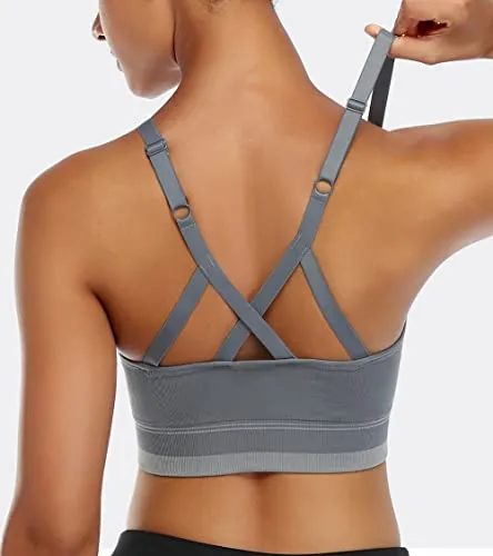 ANGOOL Women's Strappy Sports Bra with Adjustable Straps - Medium Support Longline Wirefree Activewear Bra,2 Pack,Black Grey,Medium