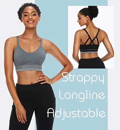 ANGOOL Women's Strappy Sports Bra with Adjustable Straps - Medium Support Longline Wirefree Activewear Bra,2 Pack,Black Grey,Medium