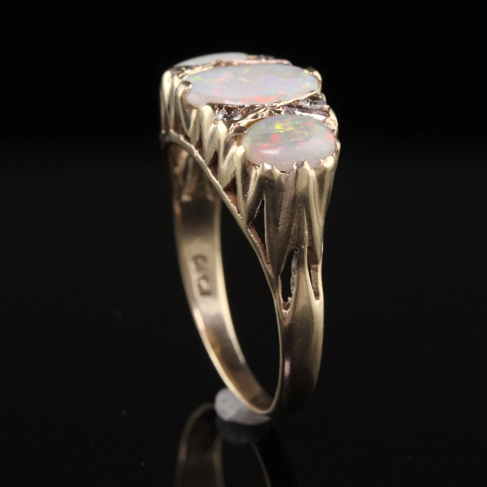 Antique Victorian English 10K Yellow Gold Opal three Stone Ring