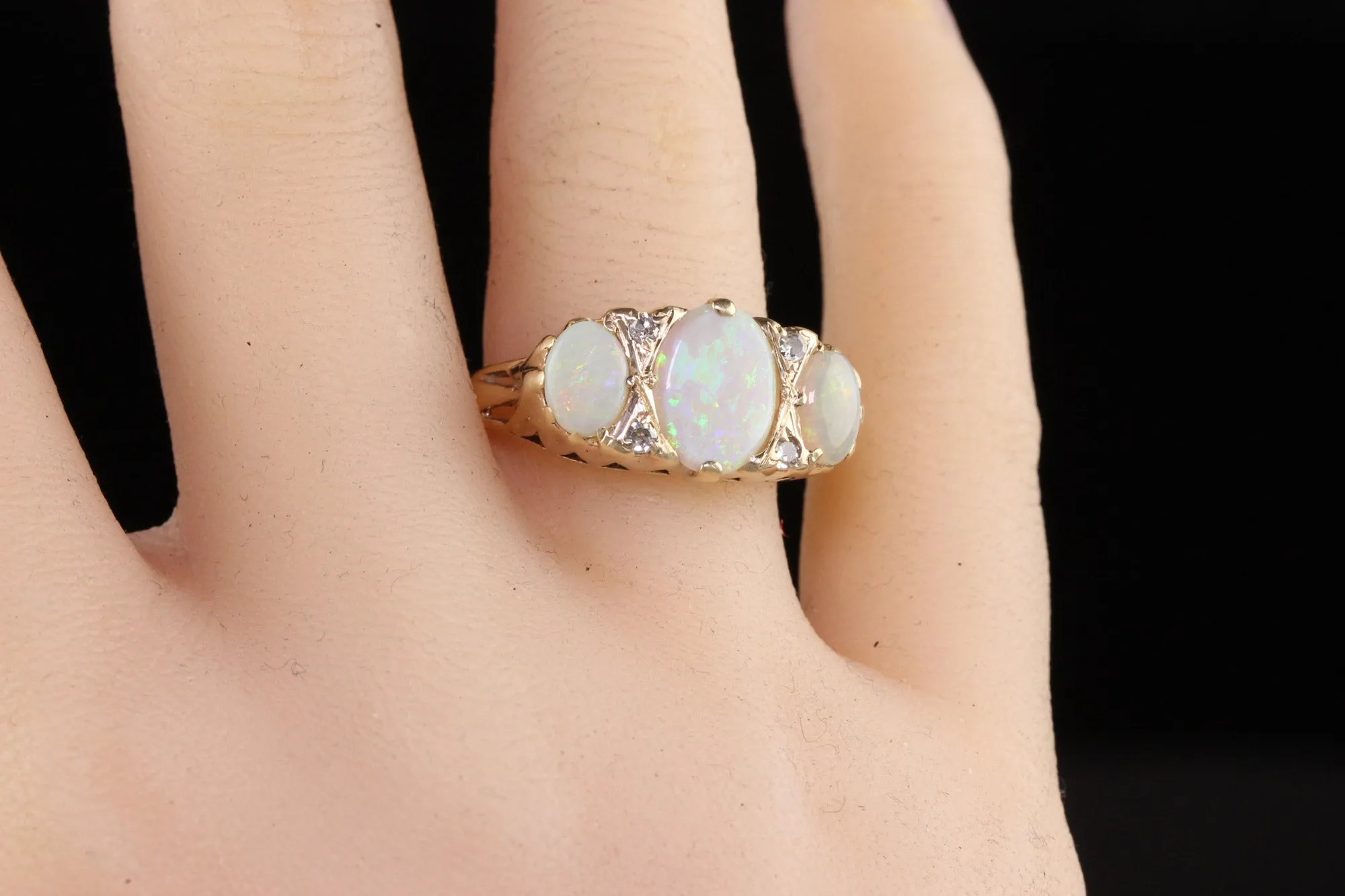 Antique Victorian English 10K Yellow Gold Opal three Stone Ring