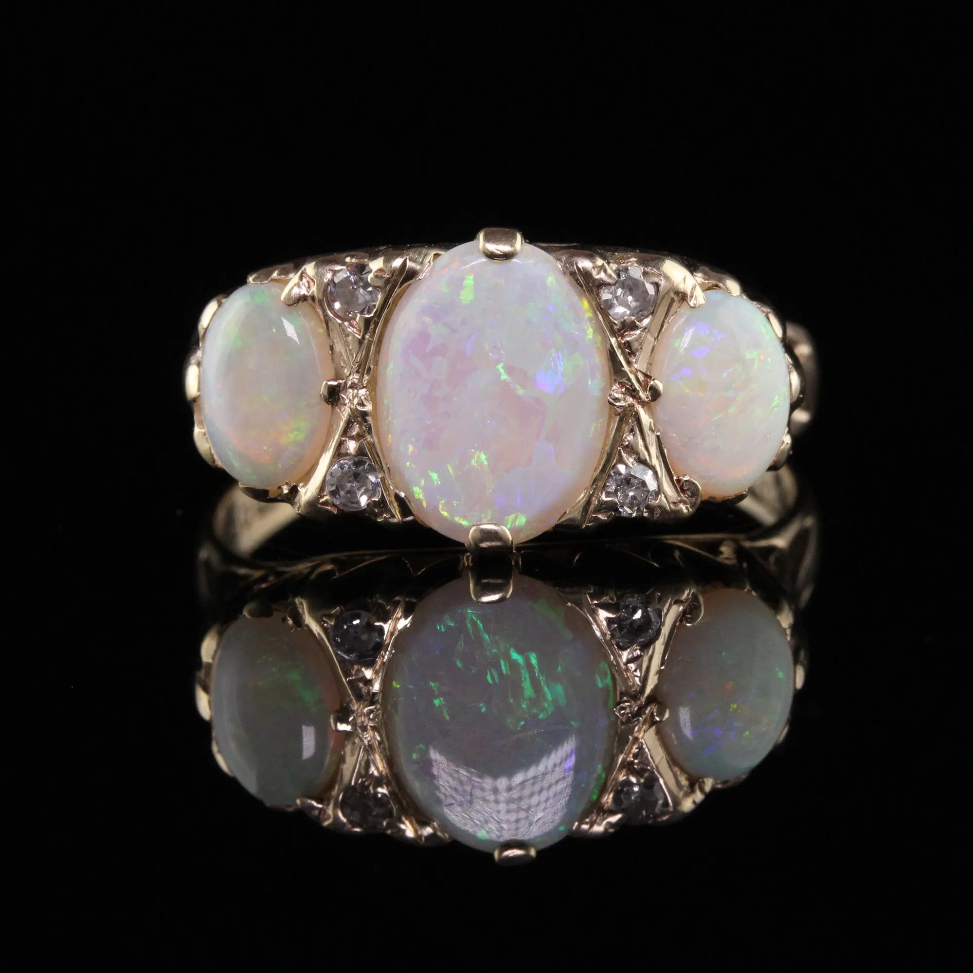 Antique Victorian English 10K Yellow Gold Opal three Stone Ring