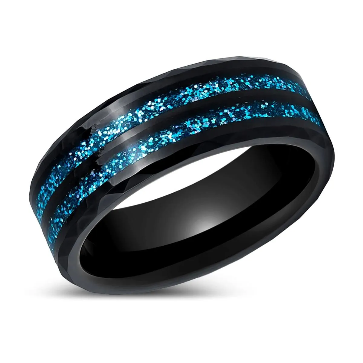 ASHEN | Black Tungsten Ring, Blue Glitter Inlay, Beveled Edges