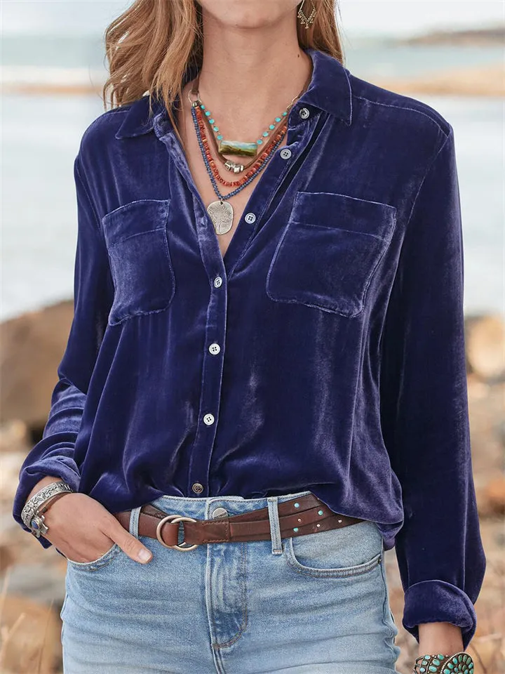 Autumn Retro Long Sleeve Button Down Velvet Shirts for Women