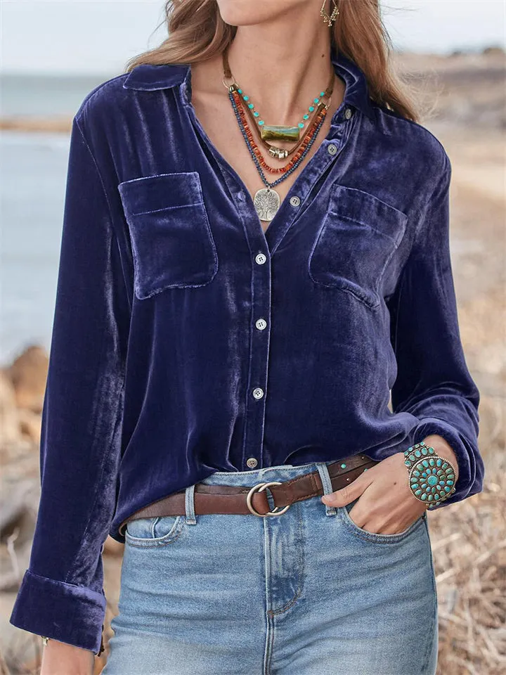 Autumn Retro Long Sleeve Button Down Velvet Shirts for Women