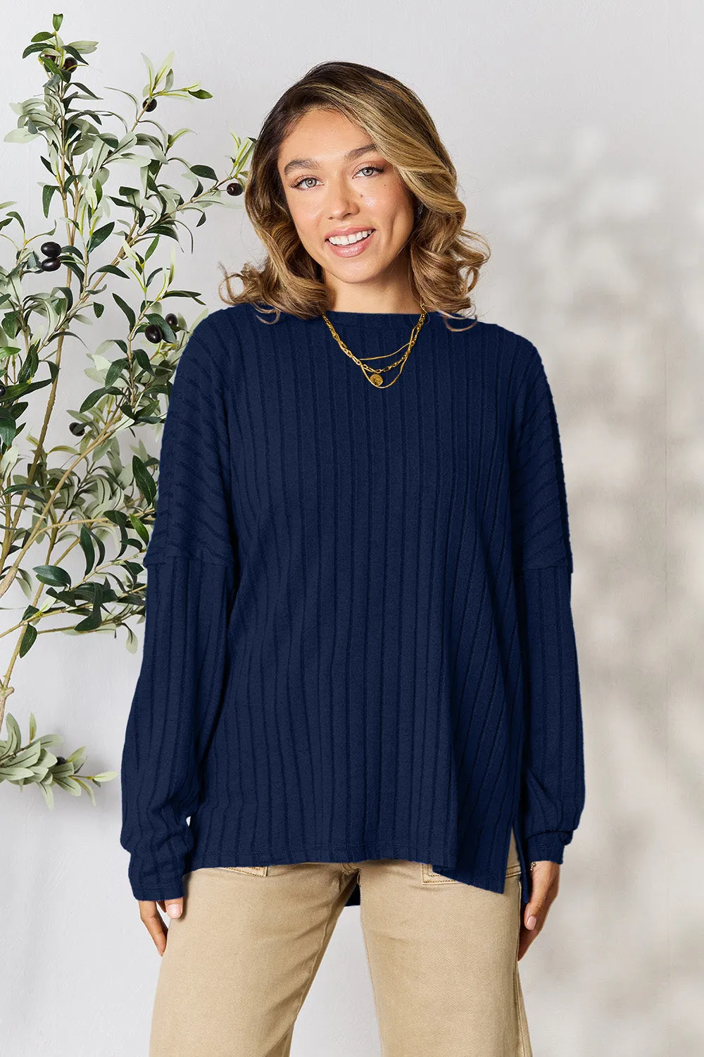 Basic Bae Full Size Ribbed Round Neck Slit T-Shirt
