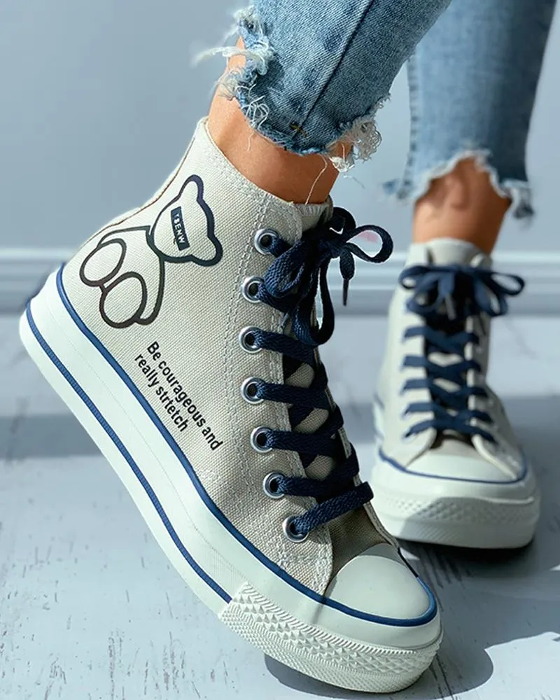 Bear Letter Print Reflective Eyelet Lace-up Canvas Shoes