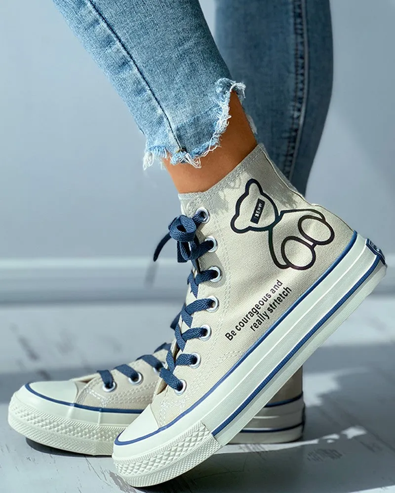 Bear Letter Print Reflective Eyelet Lace-up Canvas Shoes