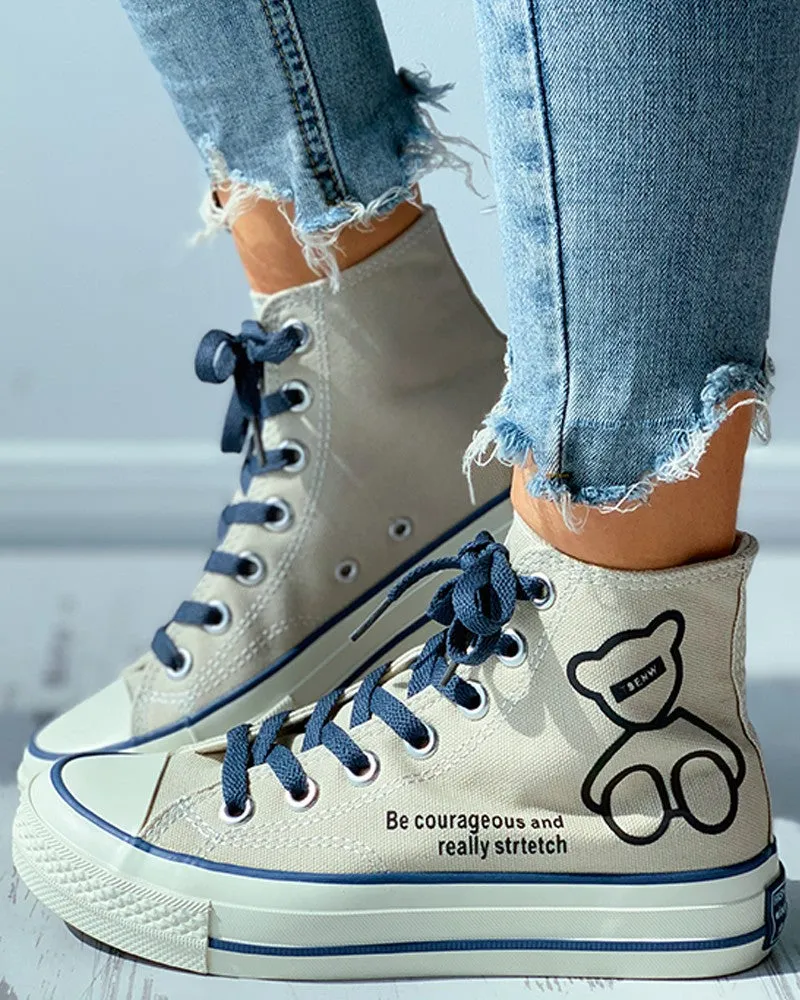 Bear Letter Print Reflective Eyelet Lace-up Canvas Shoes