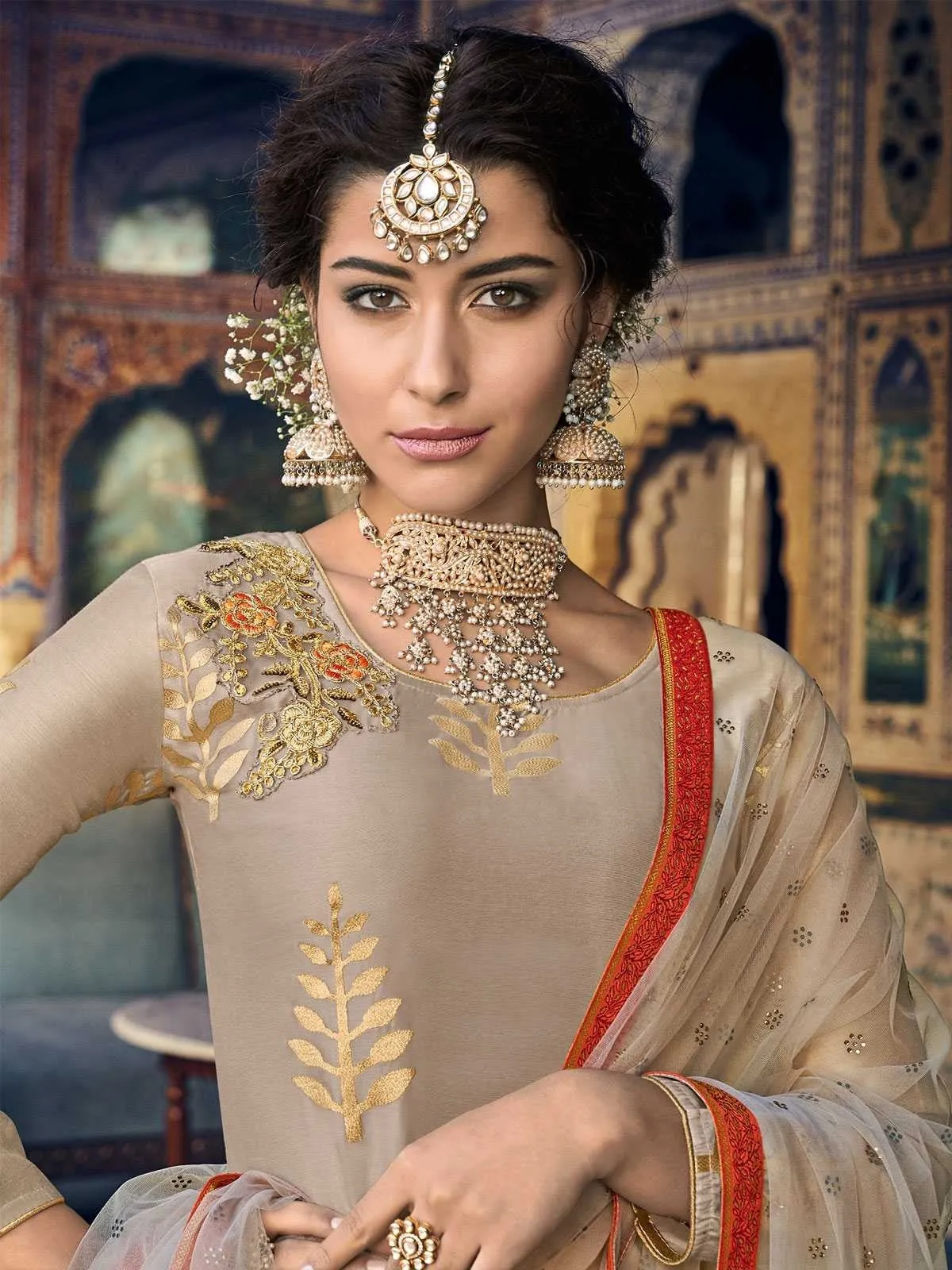 Beige And Orange Embroidered Palazzos Pant Suit