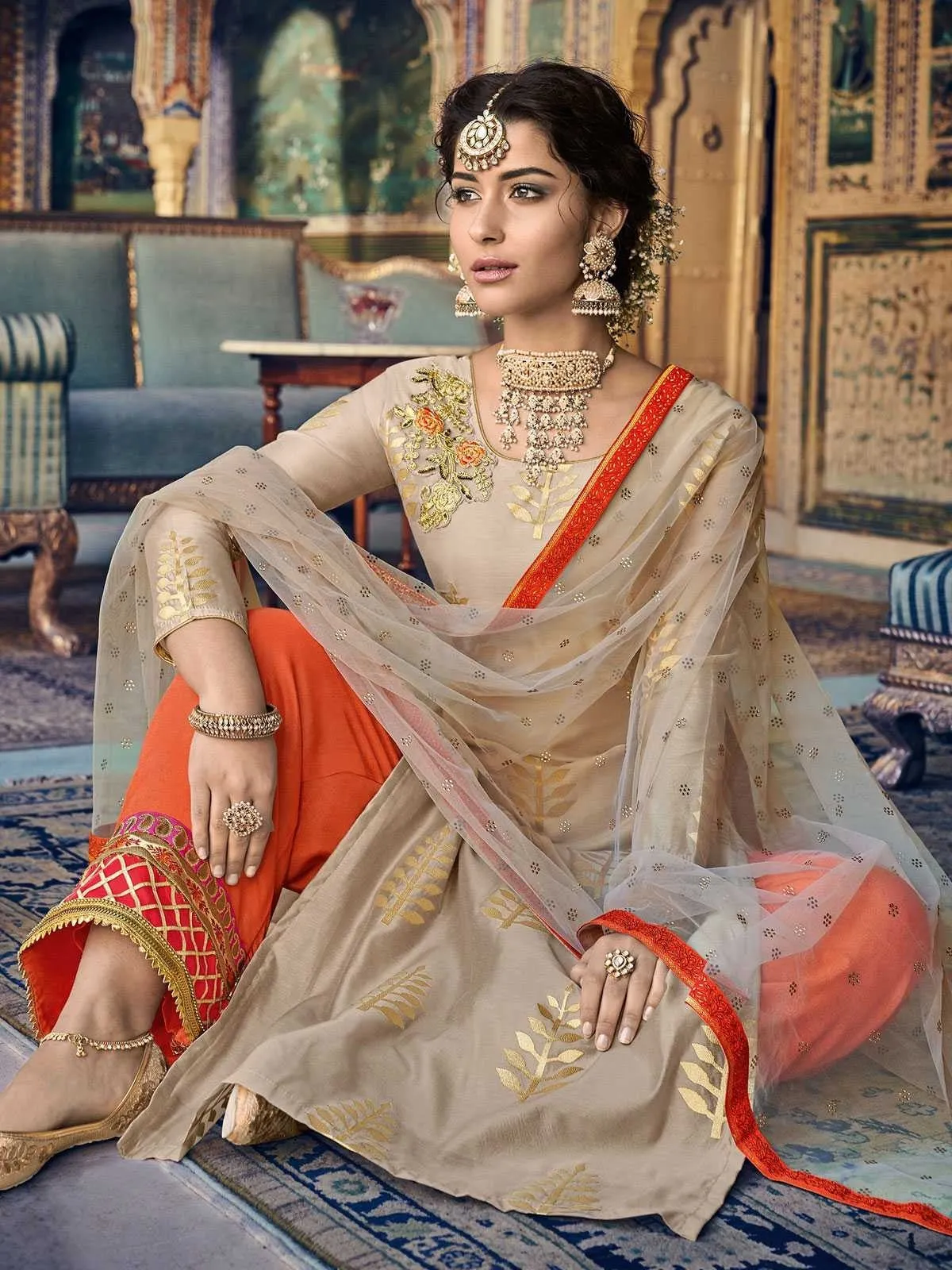 Beige And Orange Embroidered Palazzos Pant Suit