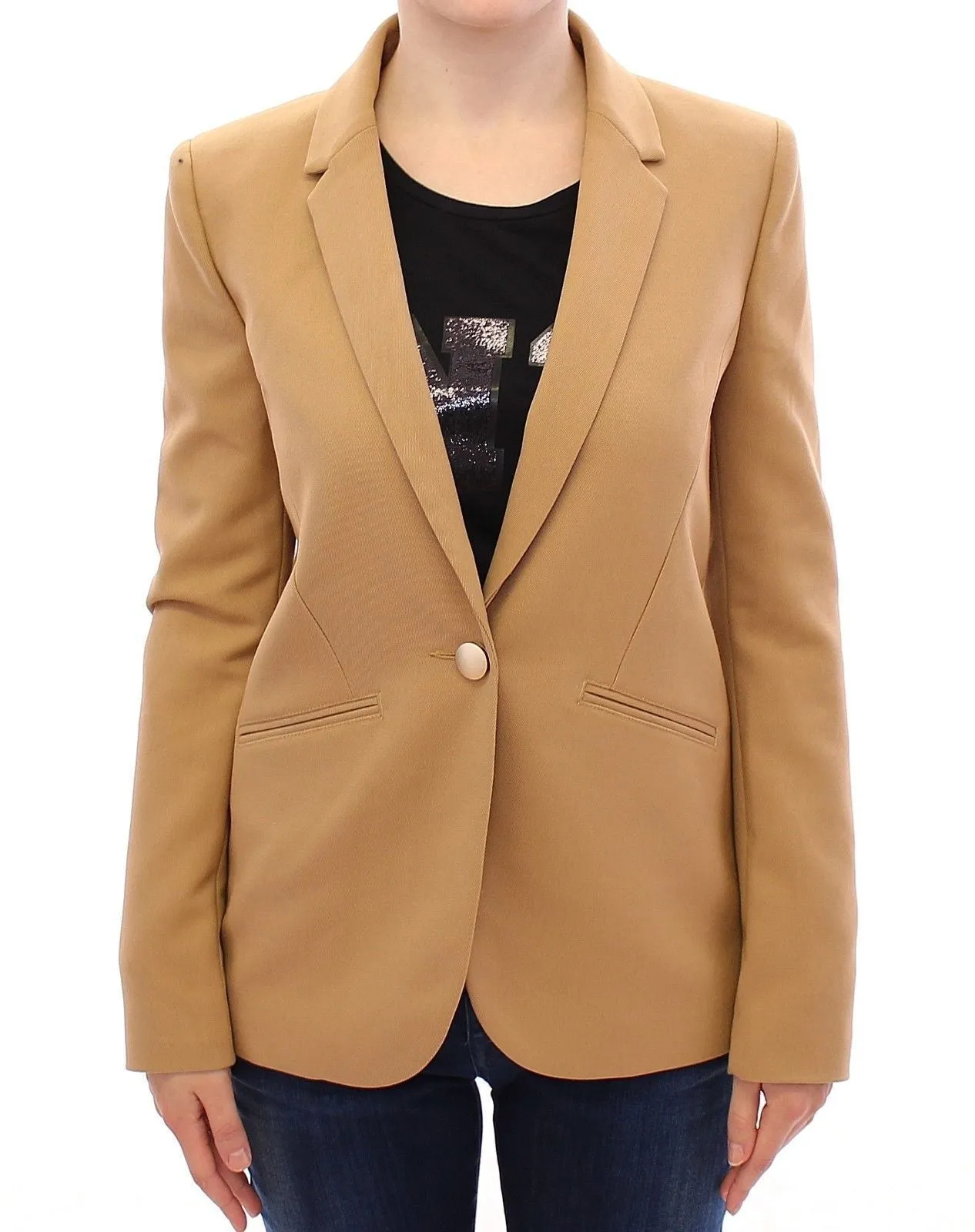 Beige One Button Blazer Jacket