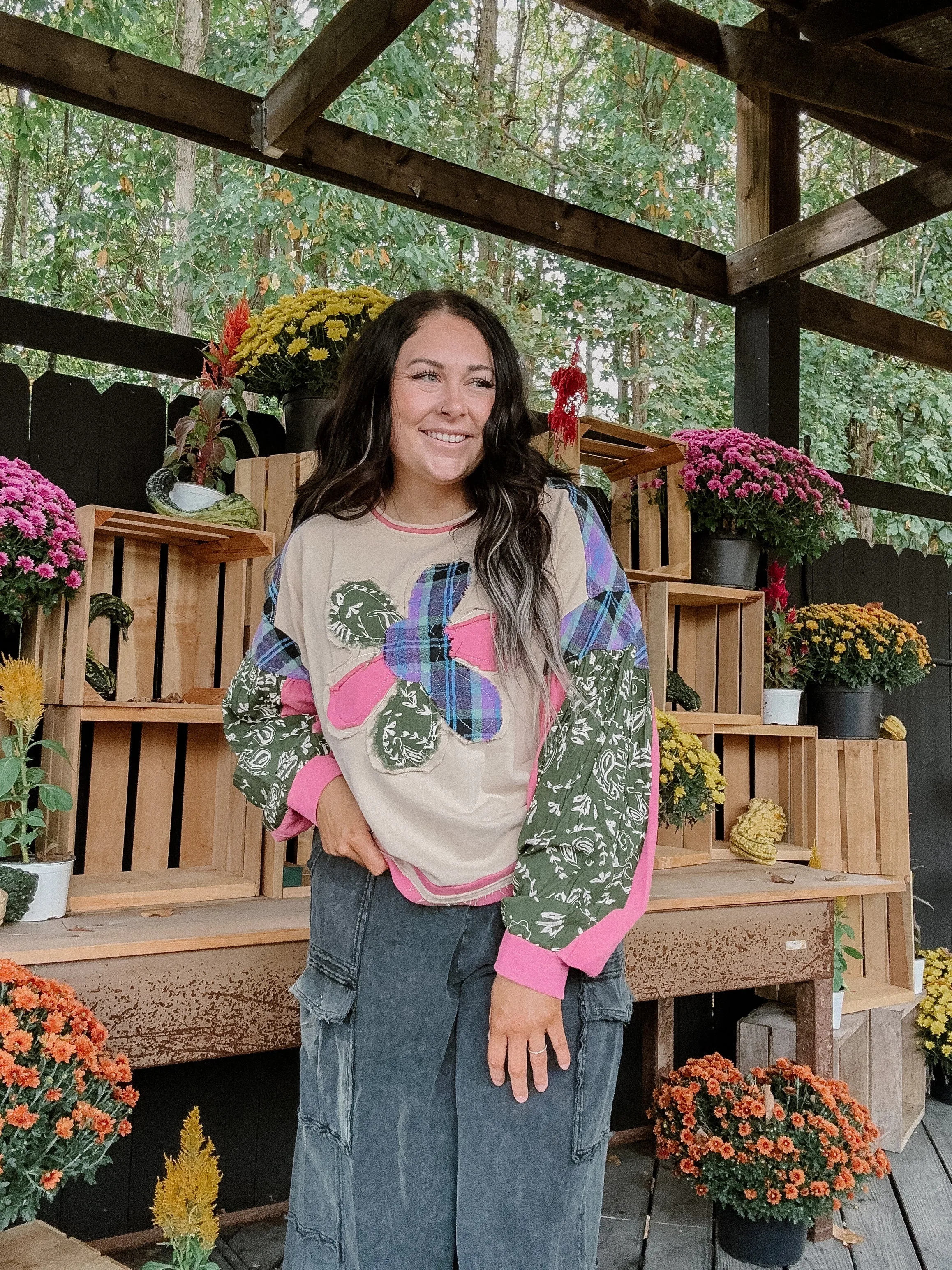 Beige   Pink Boho Flower Patch Front Pullover