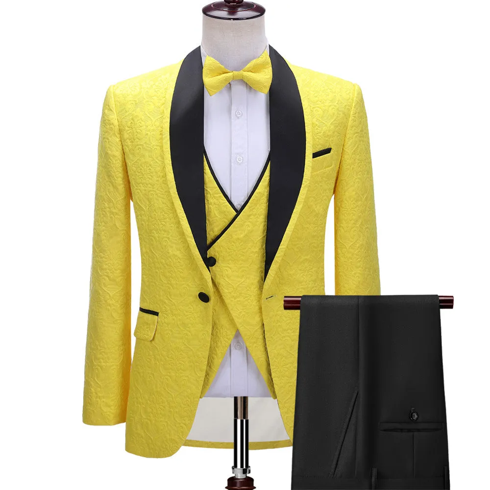 Bespoke Yellow One Button Three-piece Wedding Suit with Black Lapel