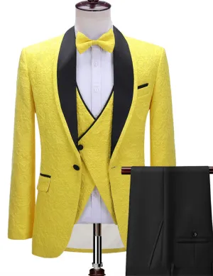 Bespoke Yellow One Button Three-piece Wedding Suit with Black Lapel