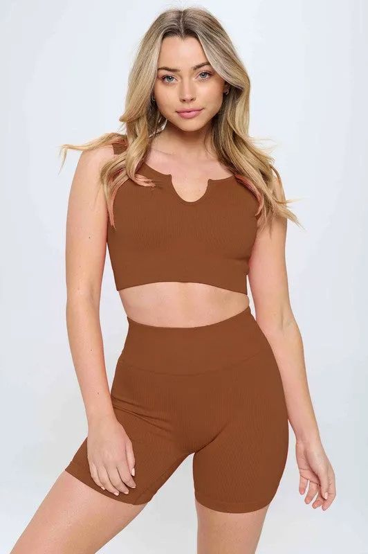 Best seller! 2 piece Seamless Ribbed Tank Top  Biker Shorts Set