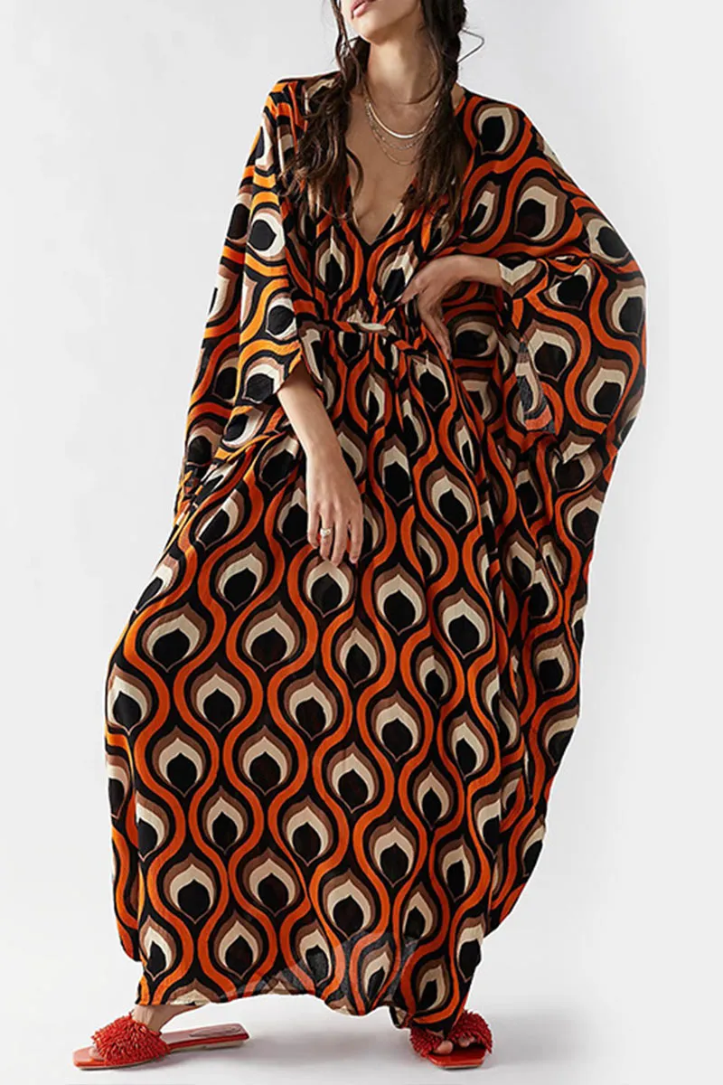 BK707 Multi Color Printed Floral V Neck Kaftan