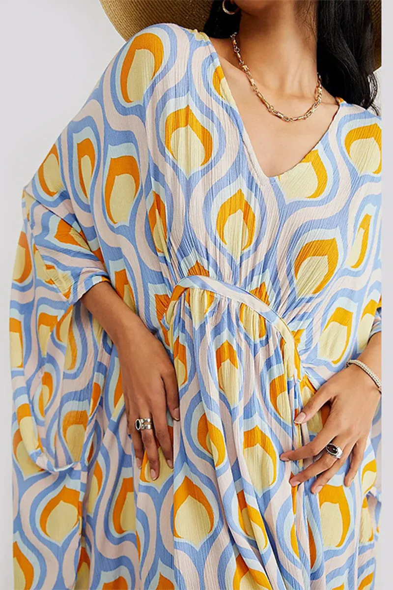 BK707 Multi Color Printed Floral V Neck Kaftan