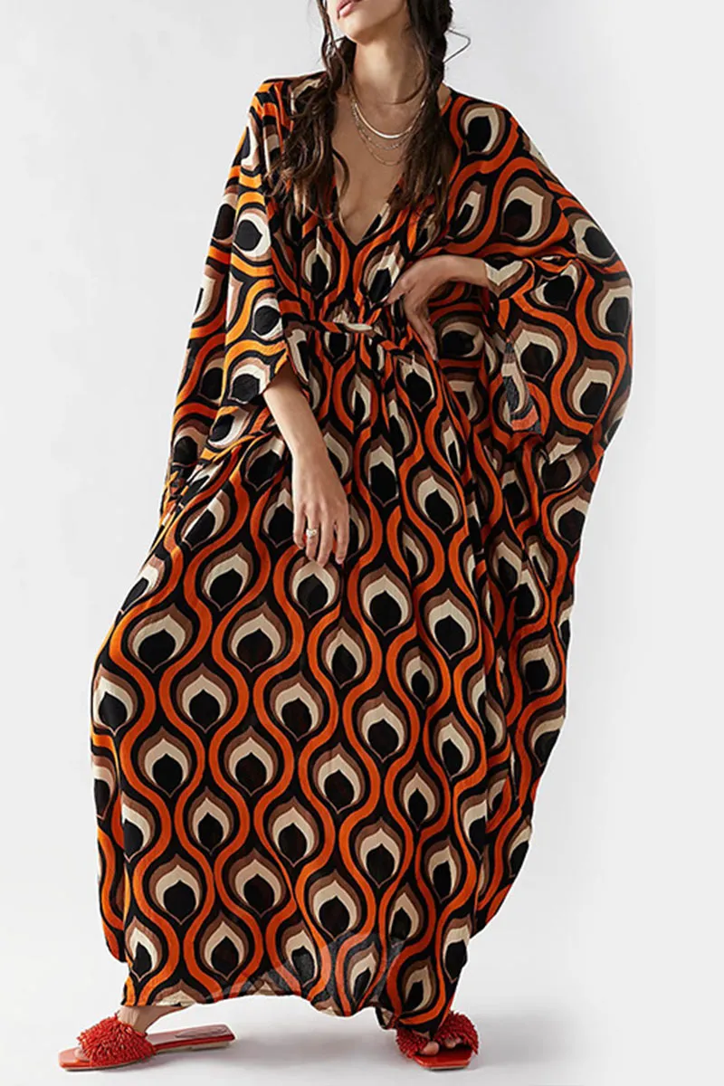 BK707 Multi Color Printed Floral V Neck Kaftan