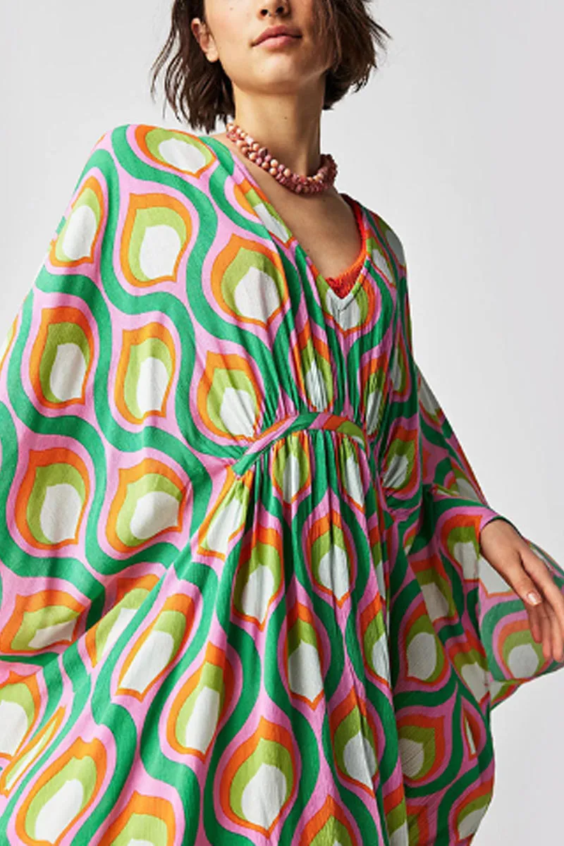BK707 Multi Color Printed Floral V Neck Kaftan