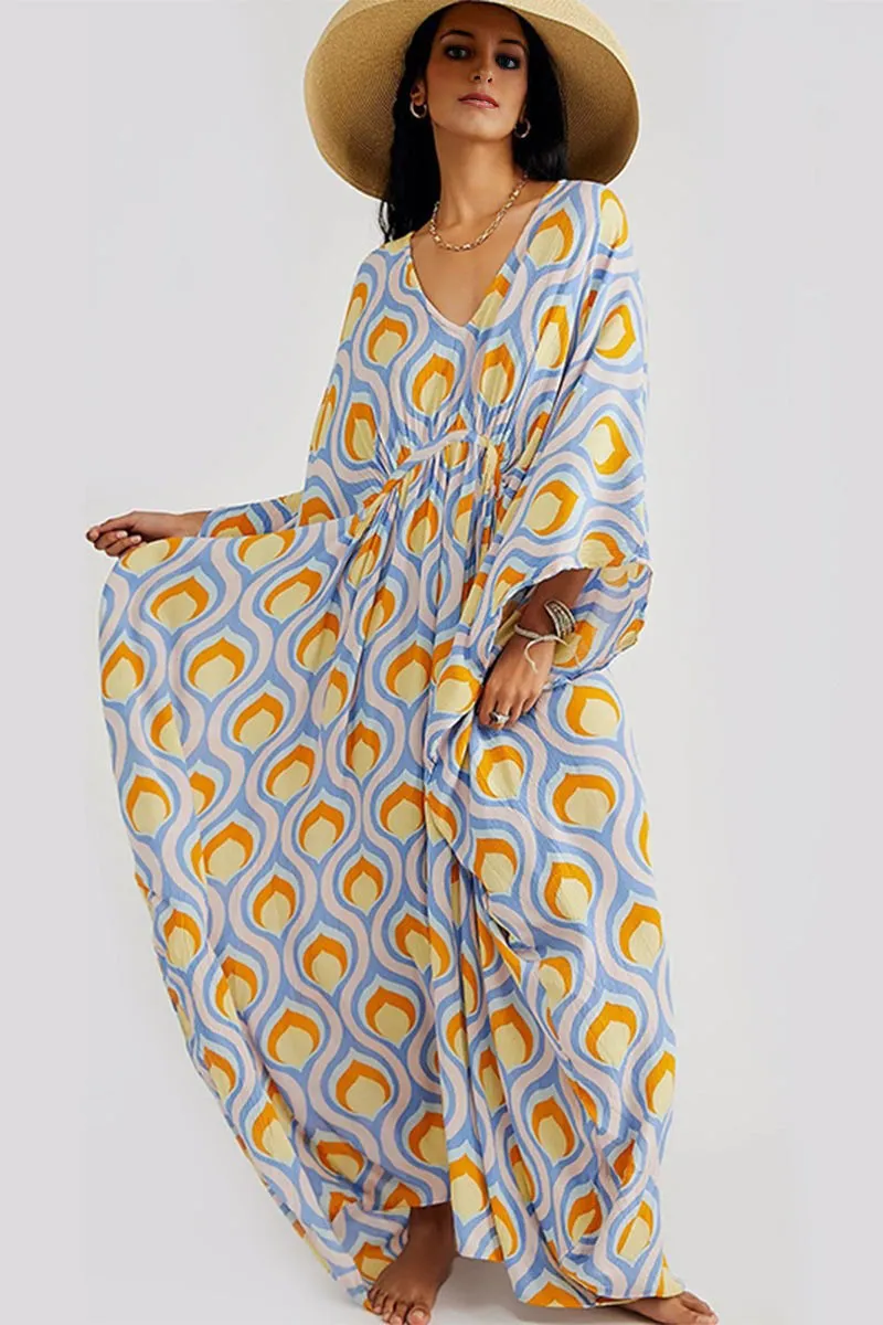 BK707 Multi Color Printed Floral V Neck Kaftan