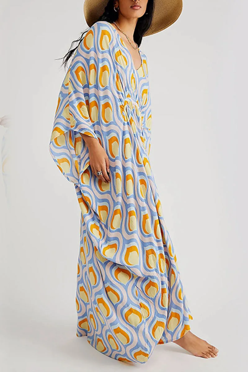 BK707 Multi Color Printed Floral V Neck Kaftan