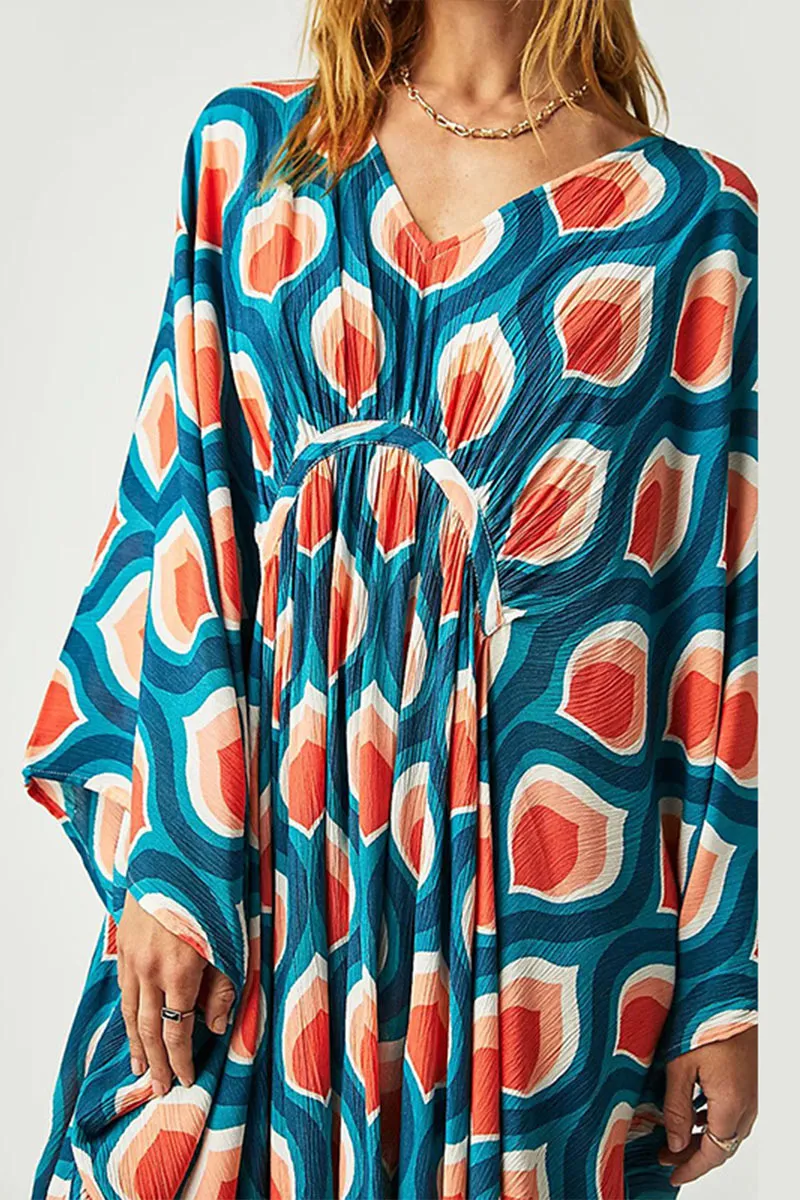 BK707 Multi Color Printed Floral V Neck Kaftan