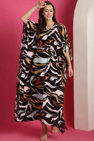 Black Abstract Printed Viscos Rayon Maxi Kaftan Nightdress